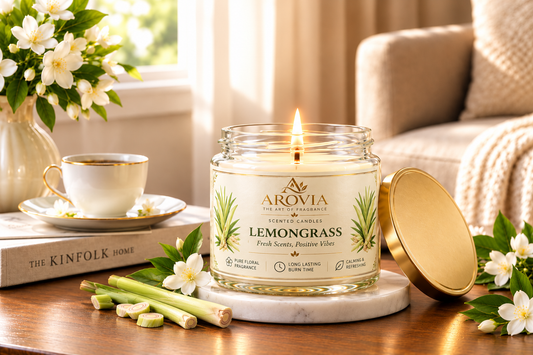 AROVIA Lemongrass Scented Candle for Home – Premium Fresh Botanical Fragrance, Elegant Glass Jar with Gold Lid | Pack of 6