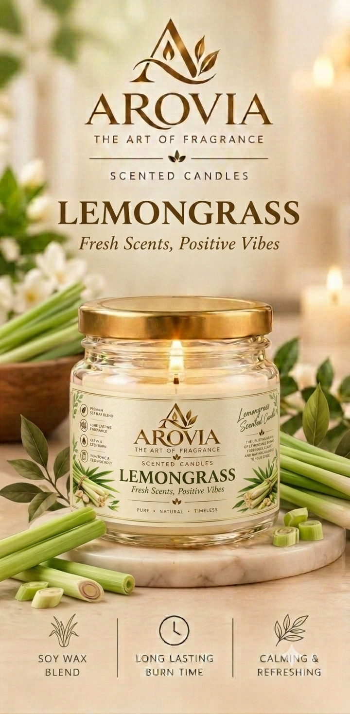 AROVIA Lemongrass Scented Candle for Home – Premium Fresh Botanical Fragrance, Elegant Glass Jar with Gold Lid | Pack of 6
