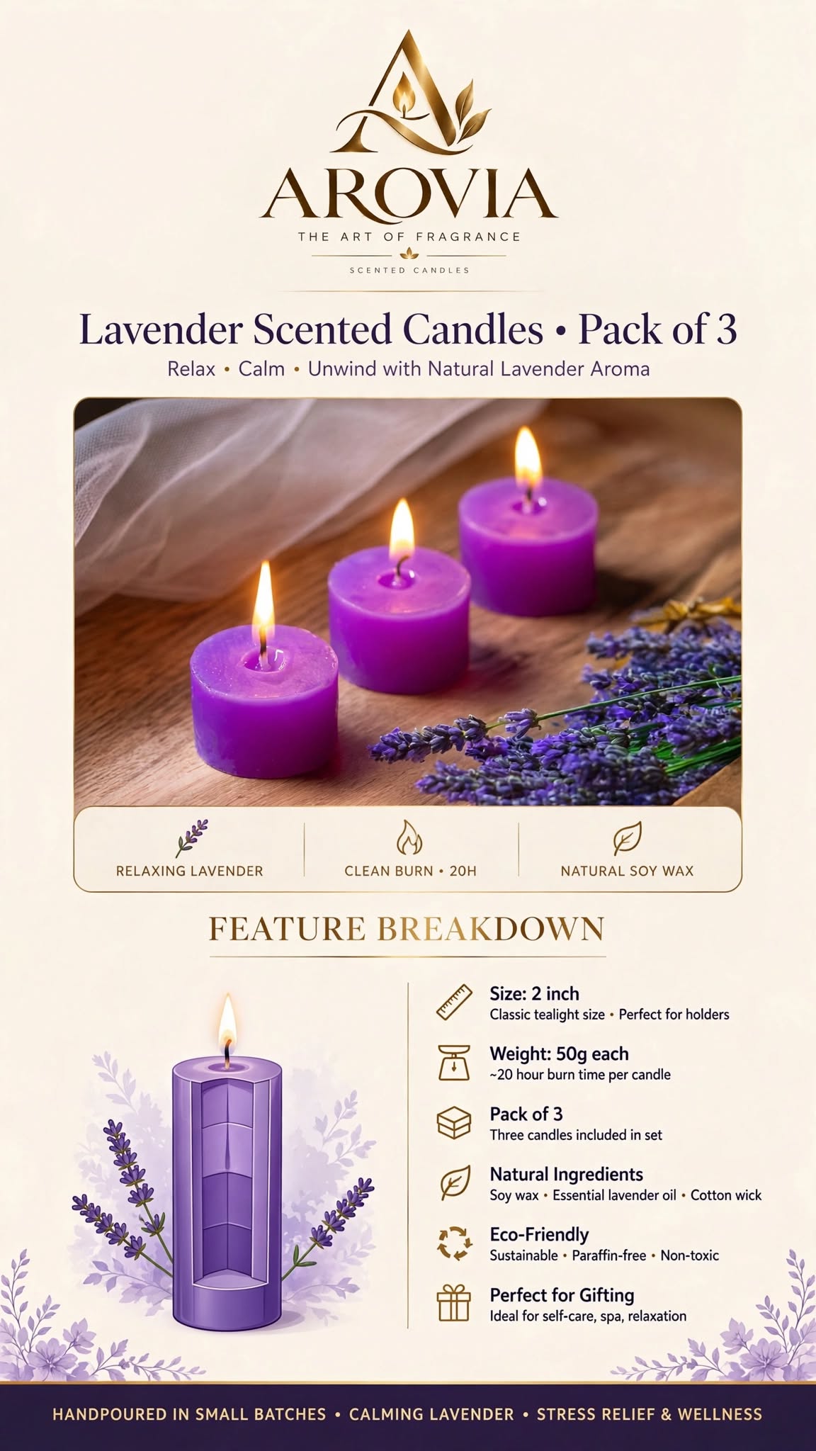 AROVIA Lavender Scented Candles | Pack of 3 Purple Aromatherapy Candles | 100% Natural Soy Wax | 20+ Hours Burn Time | Stress Relief, Relaxation & Meditation | Hand Poured