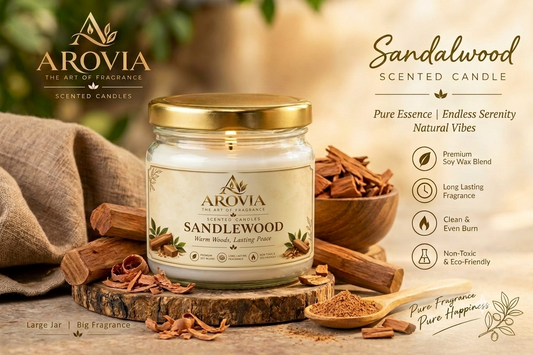 AROVIA Sandalwood Scented Candle for Home – Premium Woody Fragrance, Elegant Glass Jar with Gold Lid | Pack of 6
