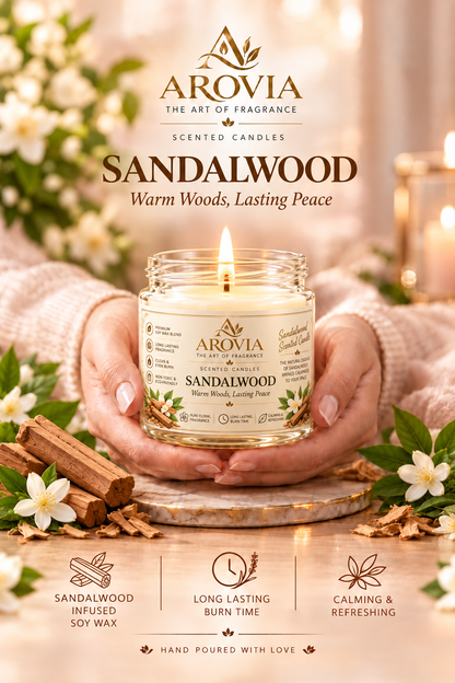 AROVIA Sandalwood Scented Candle for Home – Premium Woody Fragrance, Elegant Glass Jar with Gold Lid | Pack of 4