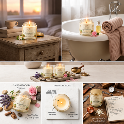 AROVIA Sandalwood Scented Candle for Home – Premium Woody Fragrance, Elegant Glass Jar with Gold Lid | Pack of 4