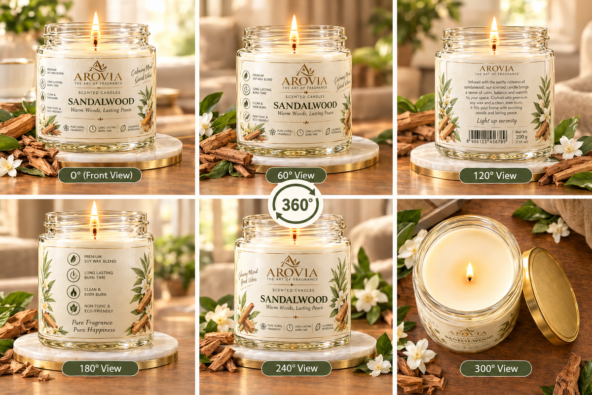 AROVIA Sandalwood Scented Candle for Home – Premium Woody Fragrance, Elegant Glass Jar with Gold Lid | Pack of 4