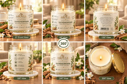 AROVIA Sandalwood Scented Candle for Home – Premium Woody Fragrance, Elegant Glass Jar with Gold Lid | Pack of 4