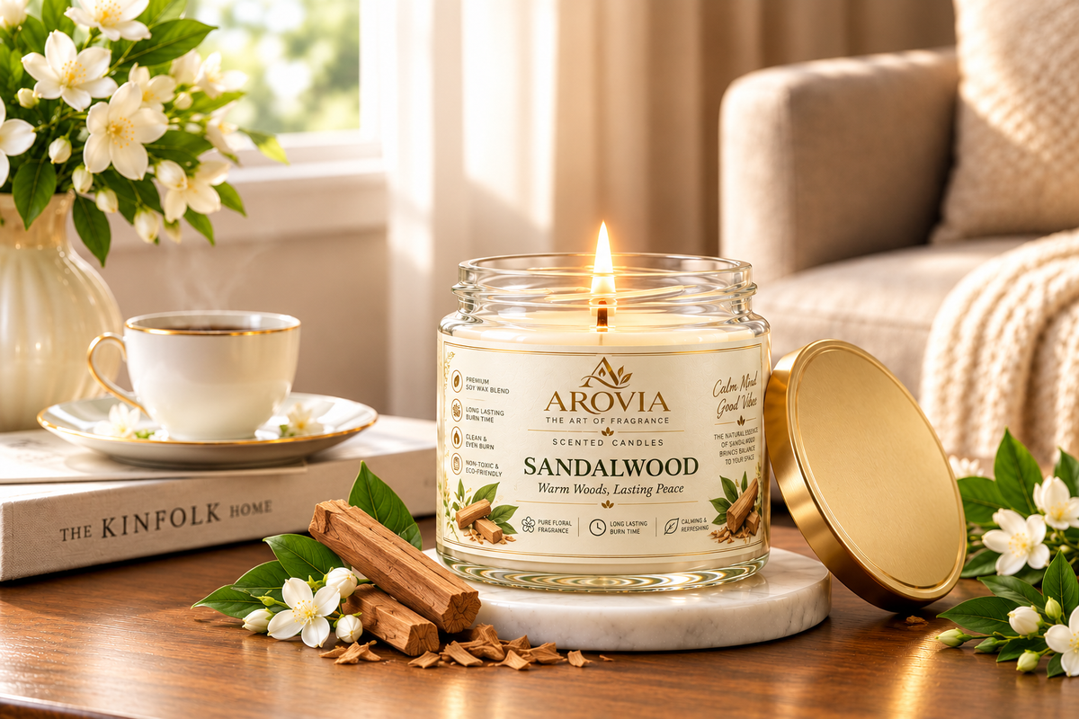 AROVIA Sandalwood Scented Candle for Home – Premium Woody Fragrance, Elegant Glass Jar with Gold Lid | Pack of 4