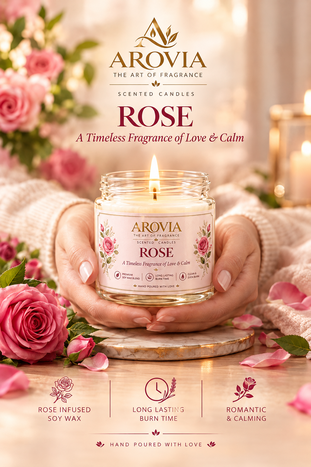 AROVIA Rose Scented Candle for Home – Premium Floral Fragrance, Elegant Glass Jar with Gold Lid | Pack of 6