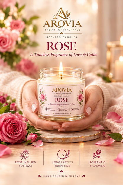 AROVIA Rose Scented Candle for Home – Premium Floral Fragrance, Elegant Glass Jar with Gold Lid | Pack of 6