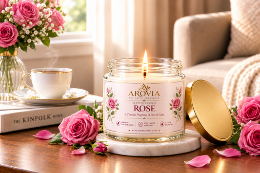 AROVIA Rose Scented Candle for Home – Premium Floral Fragrance, Elegant Glass Jar with Gold Lid | Pack of 6