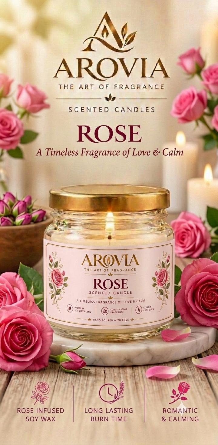 AROVIA Rose Scented Candle for Home – Premium Floral Fragrance, Elegant Glass Jar with Gold Lid | Pack of 6