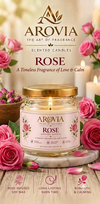AROVIA Rose Scented Candle for Home – Premium Floral Fragrance, Elegant Glass Jar with Gold Lid | Pack of 6