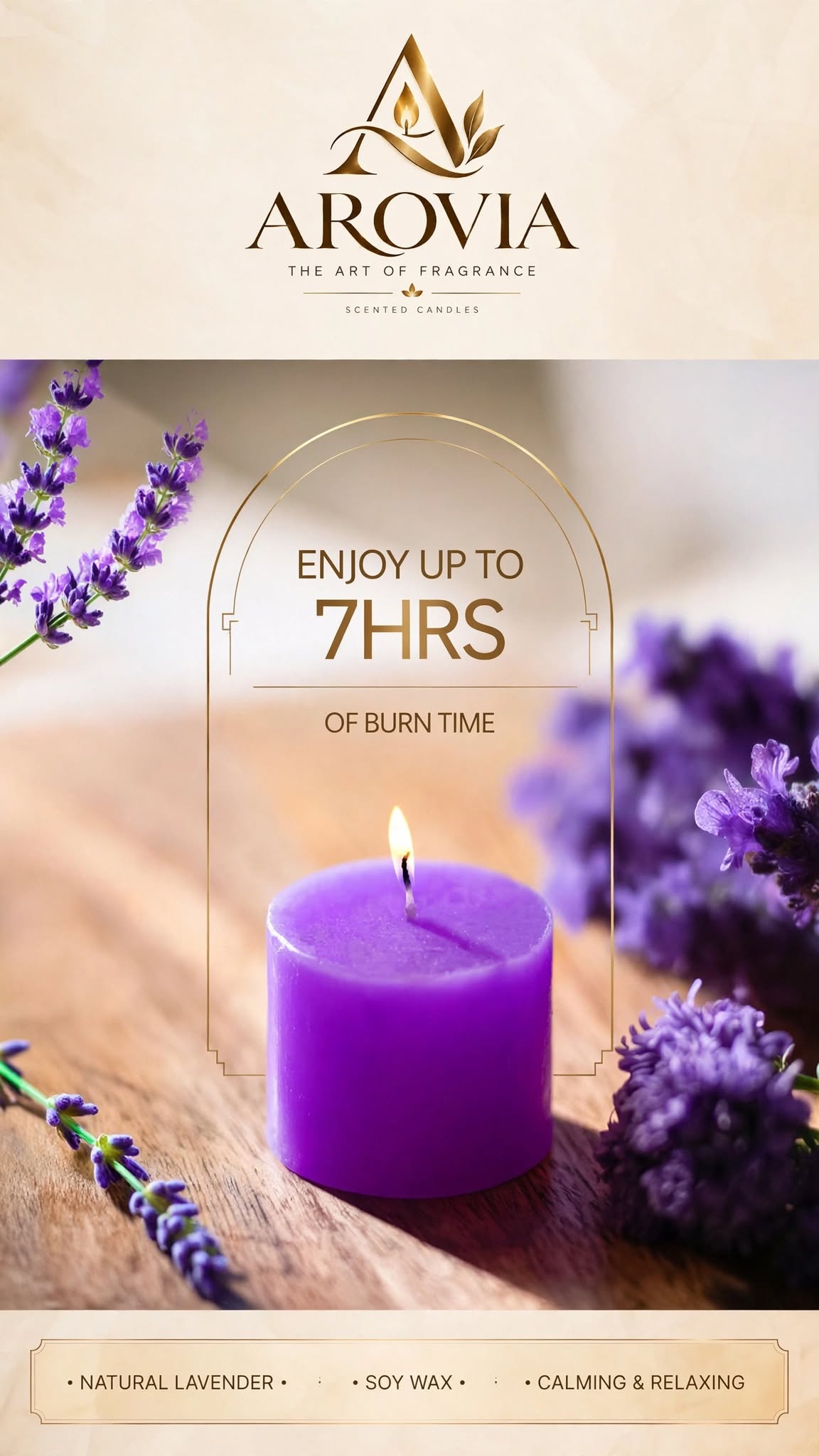 AROVIA Lavender Scented Candle | Up to 7 Hours Burn Time | Natural Soy Wax Purple Aromatherapy Candle | Stress Relief, Relaxation, Meditation | Hand Poured