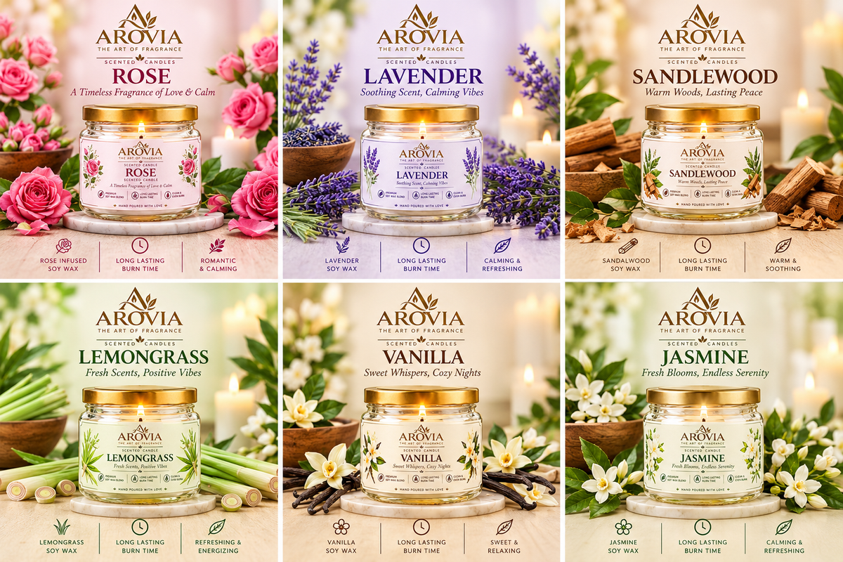 AROVIA Luxury Scented Candle Combo Pack of 6 | Rose, Lavender, Lemongrass, Sandalwood, Vanilla & Jasmine