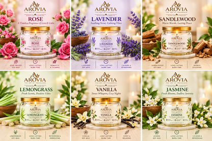 AROVIA Luxury Scented Candle Combo Pack of 6 | Rose, Lavender, Lemongrass, Sandalwood, Vanilla & Jasmine