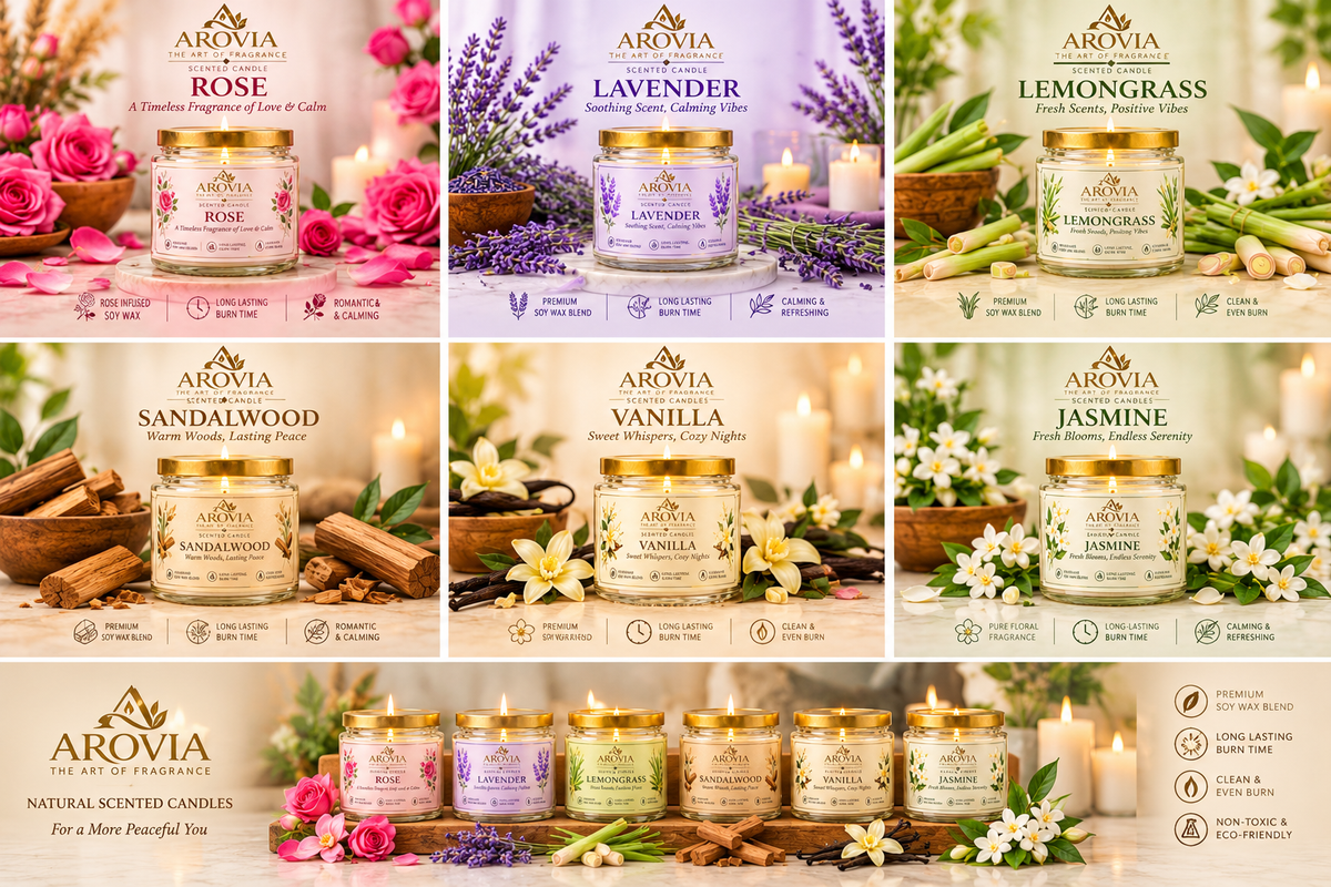 AROVIA Luxury Scented Candle Combo Pack of 6 | Rose, Lavender, Lemongrass, Sandalwood, Vanilla & Jasmine