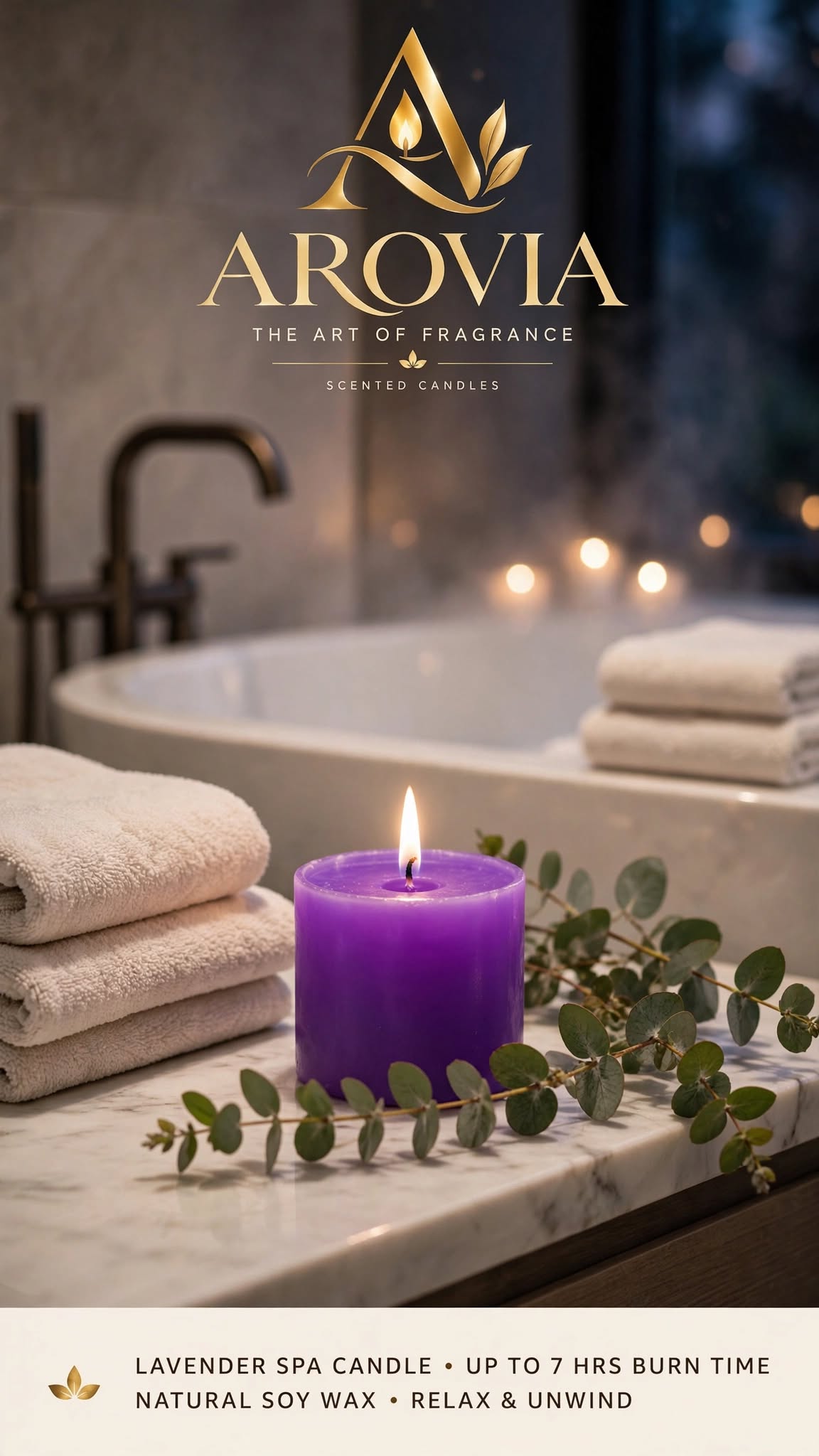 AROVIA Lavender Scented Candle | Up to 7 Hours Burn Time | Natural Soy Wax Purple Aromatherapy Candle | Stress Relief, Relaxation, Meditation | Hand Poured