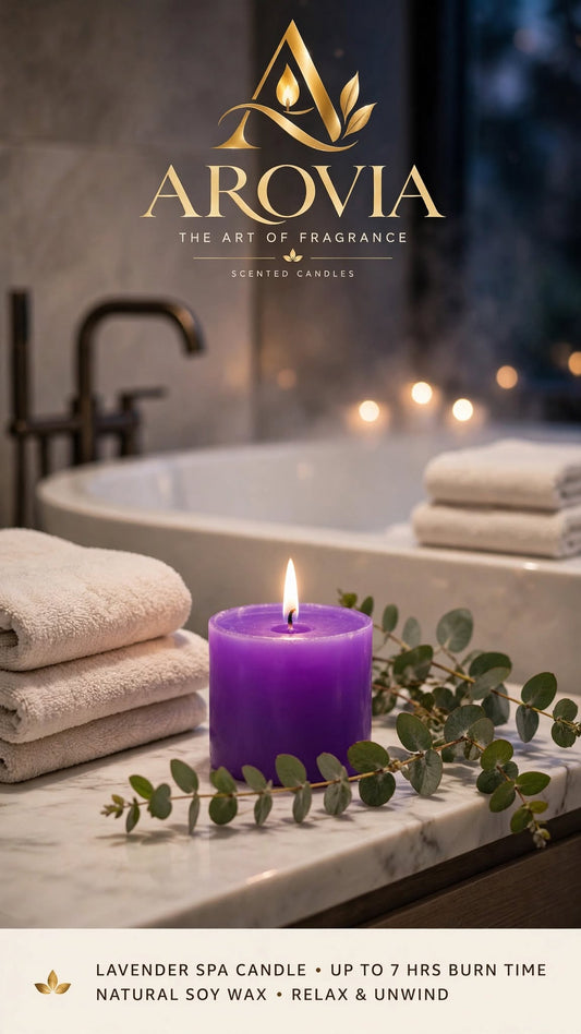 AROVIA Lavender Scented Candle | Up to 7 Hours Burn Time | Natural Soy Wax Purple Aromatherapy Candle | Stress Relief, Relaxation, Meditation | Hand Poured