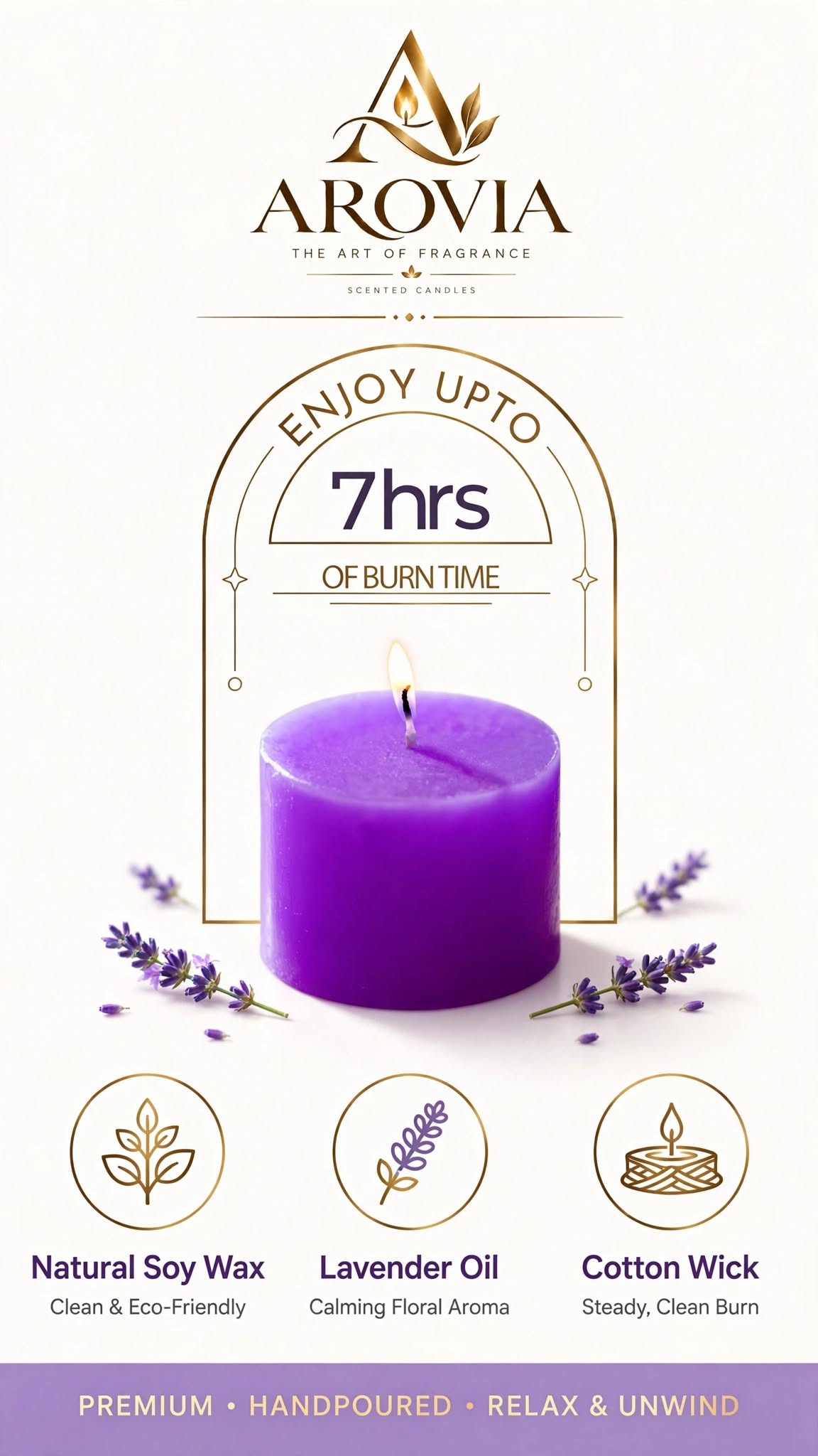 AROVIA Lavender Scented Candle | Up to 7 Hours Burn Time | Natural Soy Wax Purple Aromatherapy Candle | Stress Relief, Relaxation, Meditation | Hand Poured