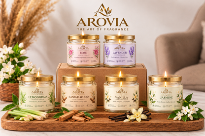 AROVIA Luxury Scented Candle Combo Pack of 6 | Rose, Lavender, Lemongrass, Sandalwood, Vanilla & Jasmine