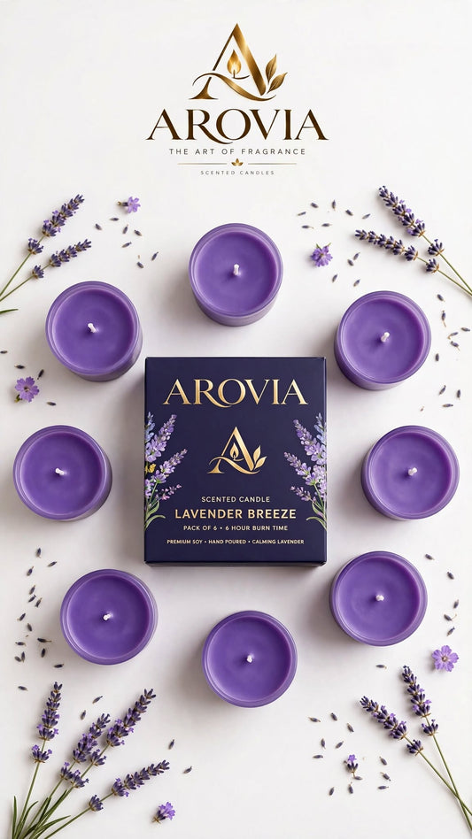 AROVIA Lavender Breeze Scented Candles - Pack of 6 | Up to 8 Hours Each | Natural Soy Wax Votive Candles | Pure Lavender Essential Oil | Relaxation, Stress Relief, Aromatherapy