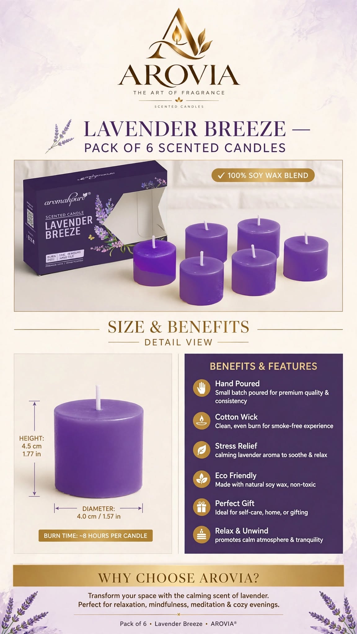 AROVIA Lavender Breeze Scented Candles - Pack of 6 | Up to 8 Hours Each | Natural Soy Wax Votive Candles | Pure Lavender Essential Oil | Relaxation, Stress Relief, Aromatherapy