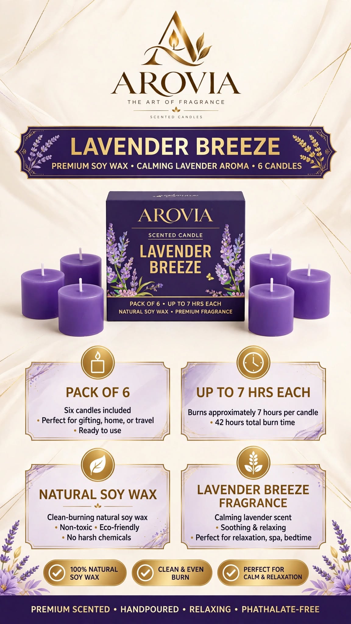 AROVIA Lavender Breeze Scented Candles Pack of 6 | Upto 8 Hrs Each | Soy Wax Purple Votive Candles | Pure Lavender Essential Oil | Aromatherapy, Relaxation & Gifting