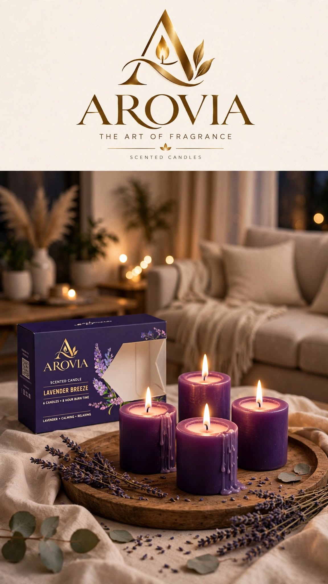 AROVIA Lavender Breeze Scented Candles Pack of 6 | Upto 8 Hrs Each | Soy Wax Purple Votive Candles | Pure Lavender Essential Oil | Aromatherapy, Relaxation & Gifting