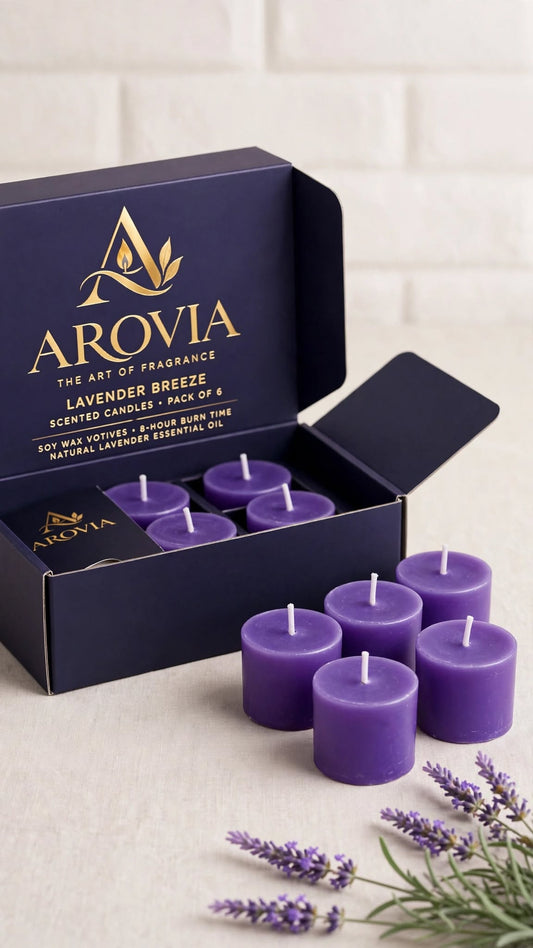 AROVIA Lavender Breeze Scented Candles Pack of 6 | Upto 8 Hrs Each | Soy Wax Purple Votive Candles | Pure Lavender Essential Oil | Aromatherapy, Relaxation & Gifting