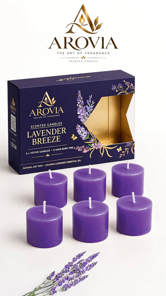 AROVIA Lavender Breeze Scented Candles Pack of 6 | Upto 8 Hrs Each | Soy Wax Purple Votive Candles | Pure Lavender Essential Oil | Aromatherapy, Relaxation & Gifting