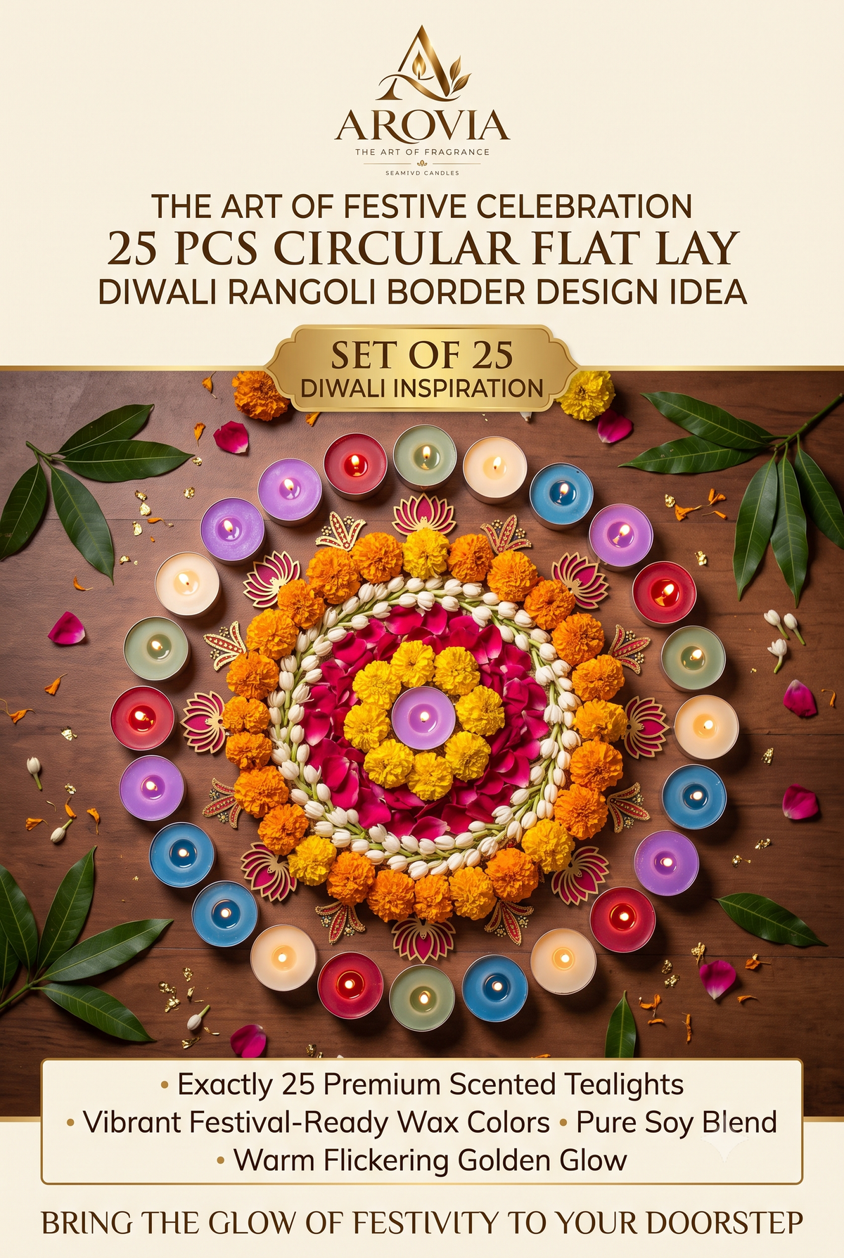 AROVIA Tealight Candles Top View Flat Lay Circle | 25 Pcs Arrangement | Diwali Rangoli Border Design Idea