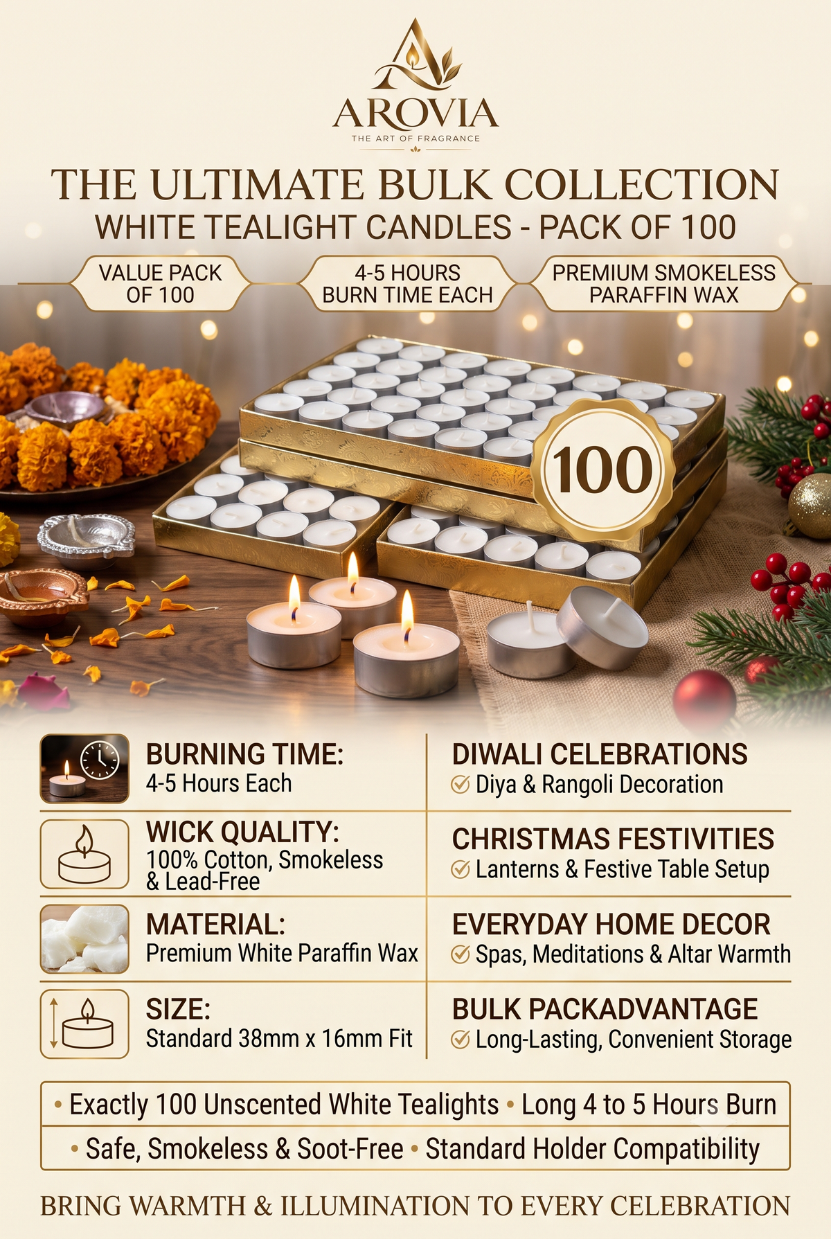 AROVIA White Tealight Candles Pack of 100 | 4-5 Hours Burn Time Each | Smokeless Paraffin Wax | Bulk Pack for Diwali, Christmas, Home Decor