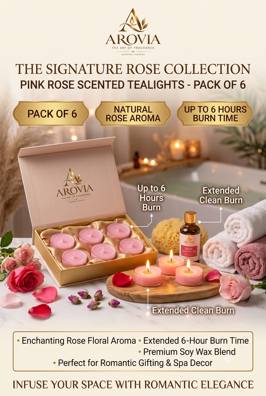 AROVIA Pink Rose Scented Tealight Candles Pack of 6 | Rose Aroma | Romantic Gift | Bathroom Decor | 6 Hours Burn