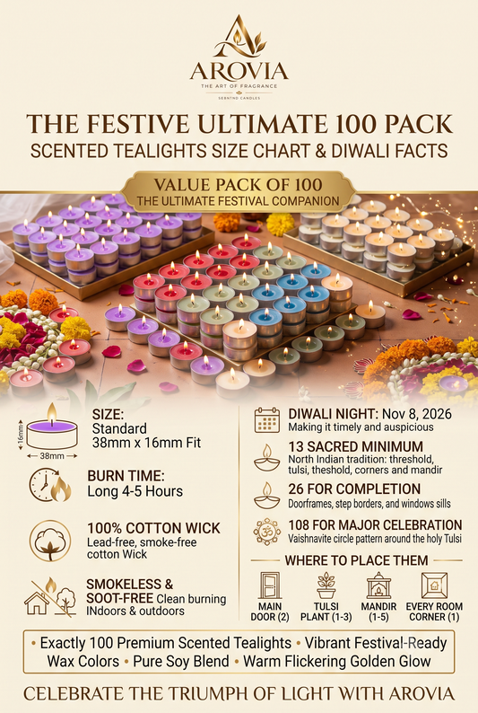 AROVIA Tealight Candles Infographic 100 Pcs | Size 38mm x 16mm | 4-5 Hours | Smokeless | Diwali Facts Chart