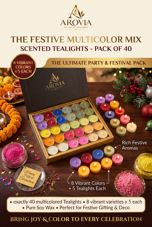 AROVIA Multicolor Mix Tealight Candles Pack of 40 | 8 Colors x 5 Each | Party Decoration | Diwali Christmas Holi Gift