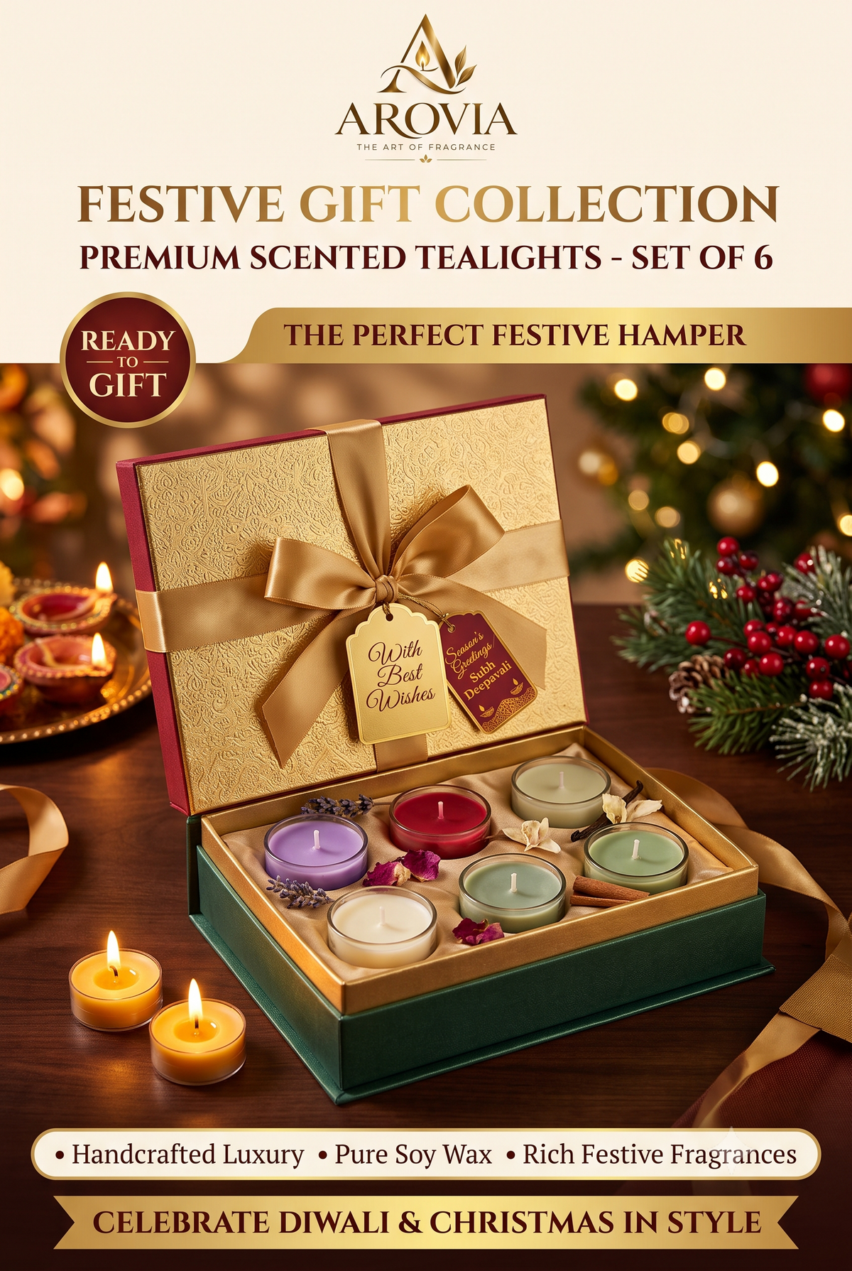 AROVIA Gift Box Tealight Candles Set of 6 with Ribbon | Premium Gifting | Ready to Gift | Festival Hamper | Diwali Christmas