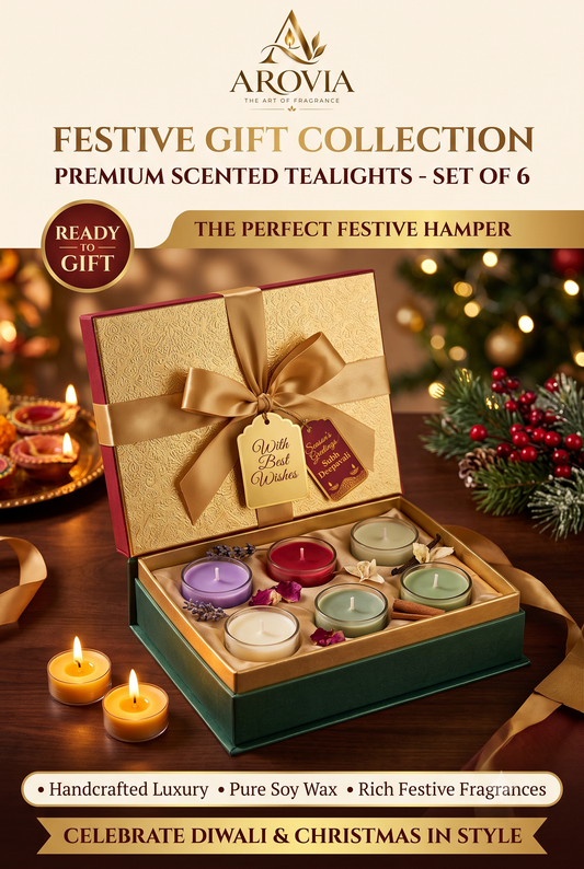 AROVIA Gift Box Tealight Candles Set of 6 with Ribbon | Premium Gifting | Ready to Gift | Festival Hamper | Diwali Christmas
