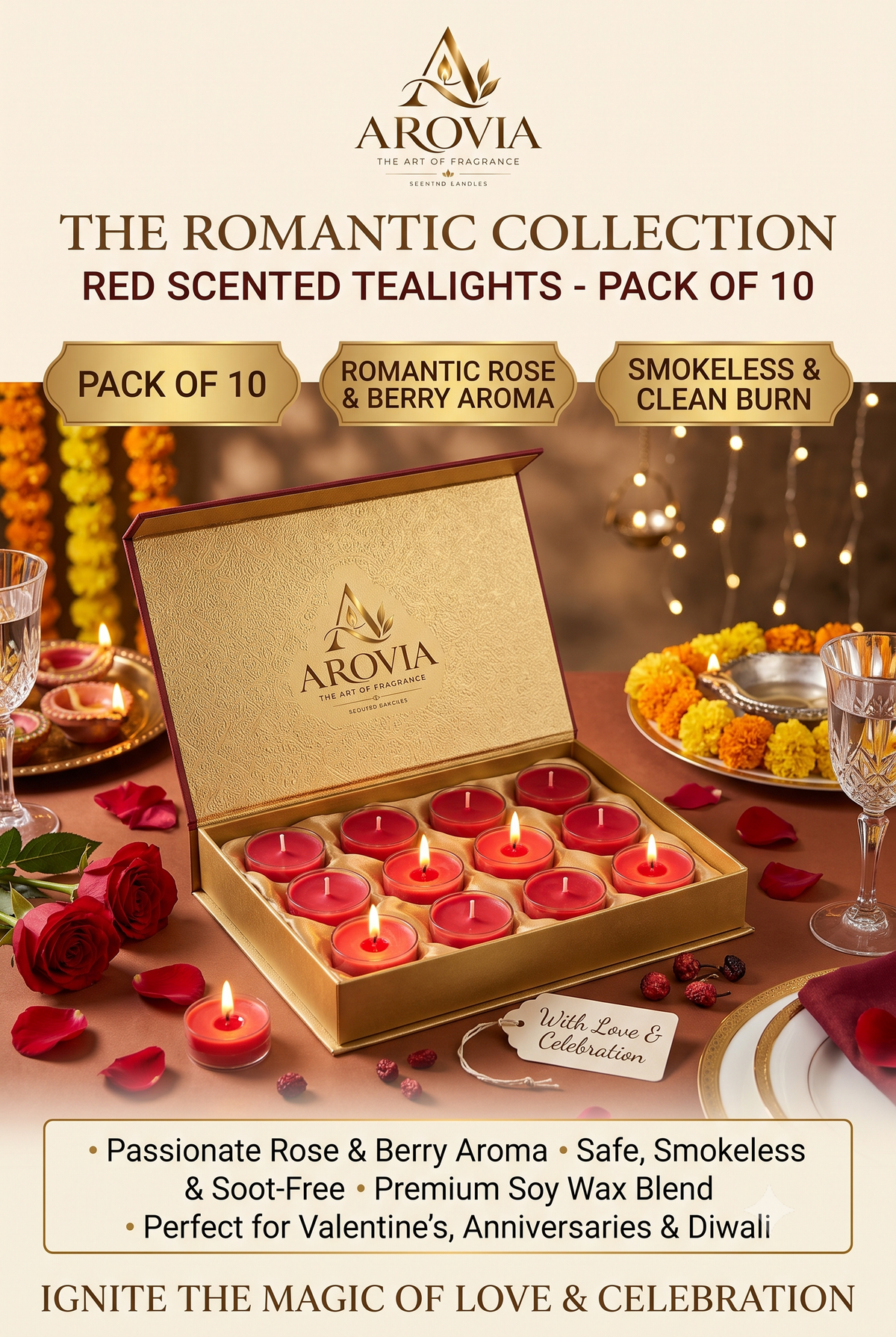 AROVIA Red Romantic Tealight Candles Pack of 10 | Love & Celebration | Smokeless Wax | Valentine Anniversary Diwali Decor