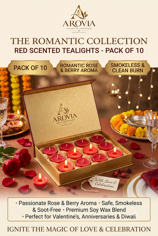 AROVIA Red Romantic Tealight Candles Pack of 10 | Love & Celebration | Smokeless Wax | Valentine Anniversary Diwali Decor
