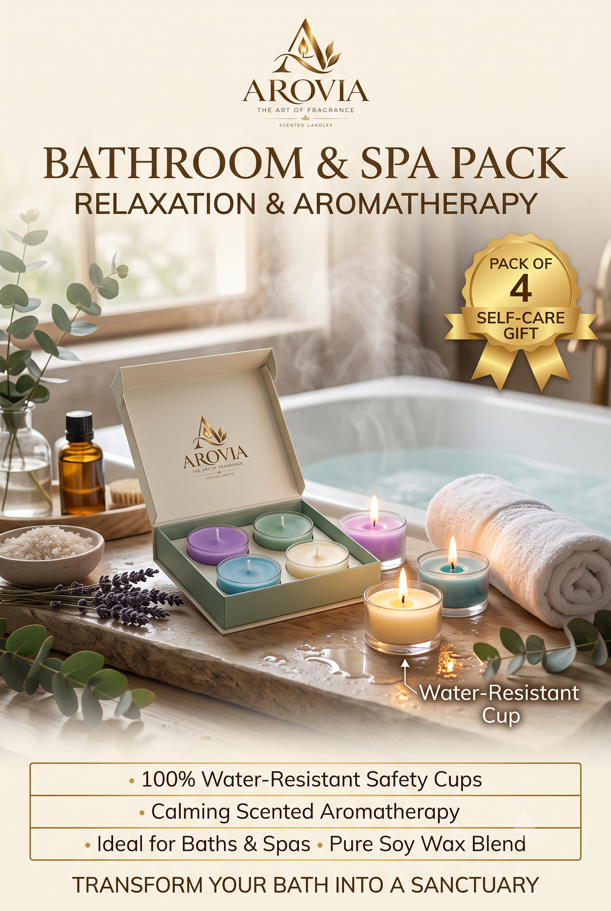 AROVIA Scented Tealights Bathroom Spa Pack of 4 | Relaxation Aromatherapy | Water Resistant Cup | Self Care Gift