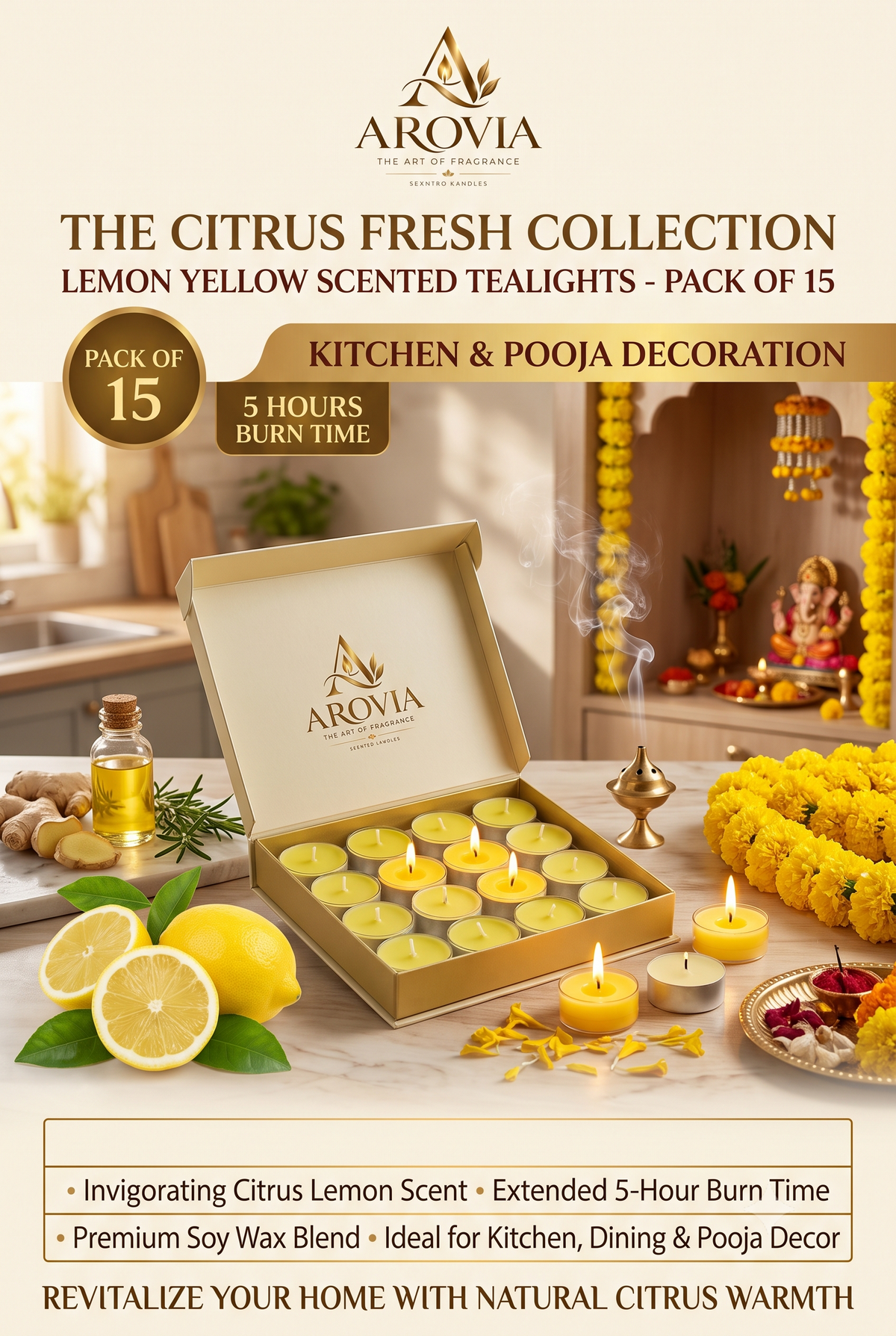 AROVIA Lemon Yellow Scented Tealight Candles Pack of 15 | Citrus Fresh | 5 Hours Burn | Kitchen & Pooja Decoration