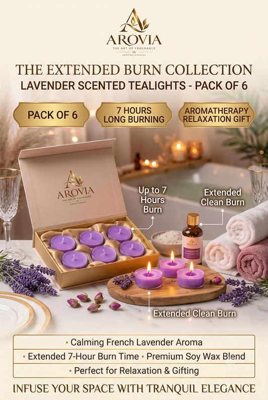 AROVIA Lavender Scented Tealight Candles Pack of 6 | Purple | 7 Hours Long Burning | Aromatherapy Relaxation Gift