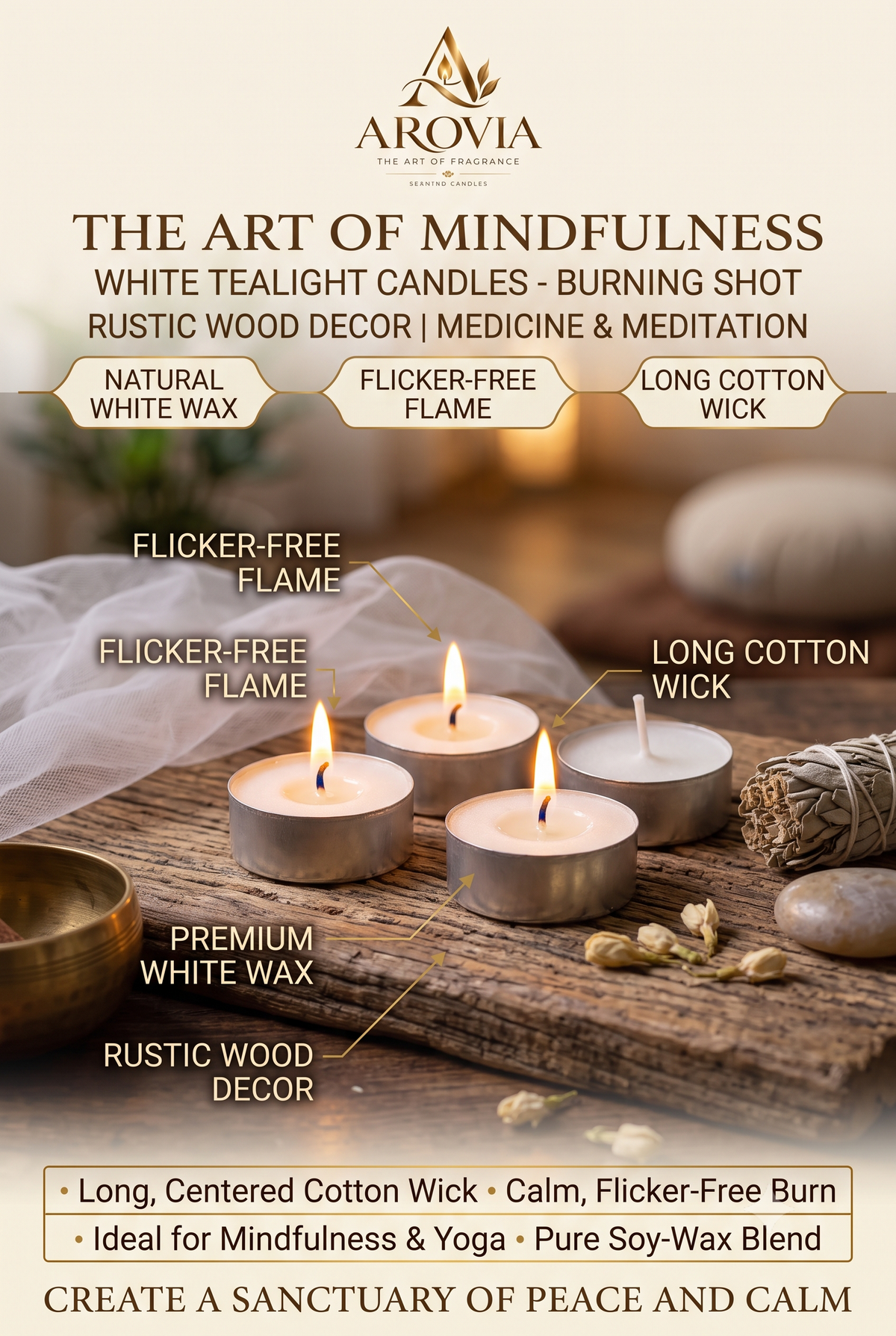 AROVIA White Tealight Candles Burning Shot - Rustic Wood Decor | Long Wick | Flicker-Free Flame | Meditation Candles