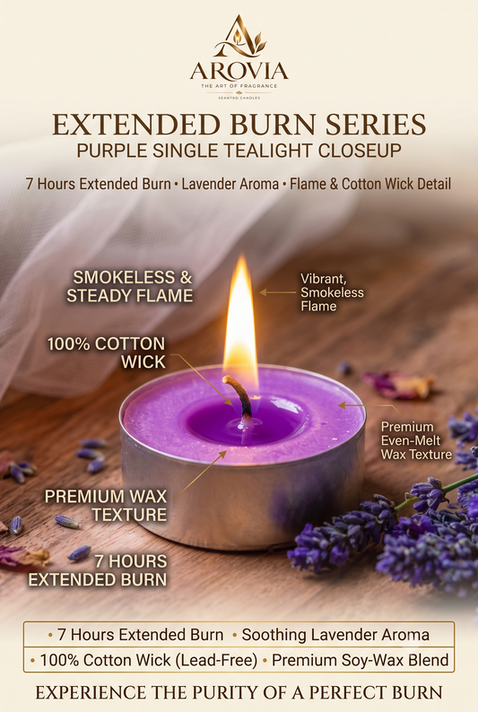 AROVIA Purple Single Burning Tealight Closeup | 7 Hours Extended Burn | Lavender Aroma | Close-up Flame Detail